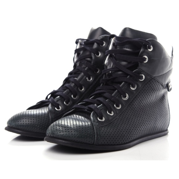 {Chanel} Leather Perforated Hi Top Sneaker Size 39 - Picture 2 of 15
